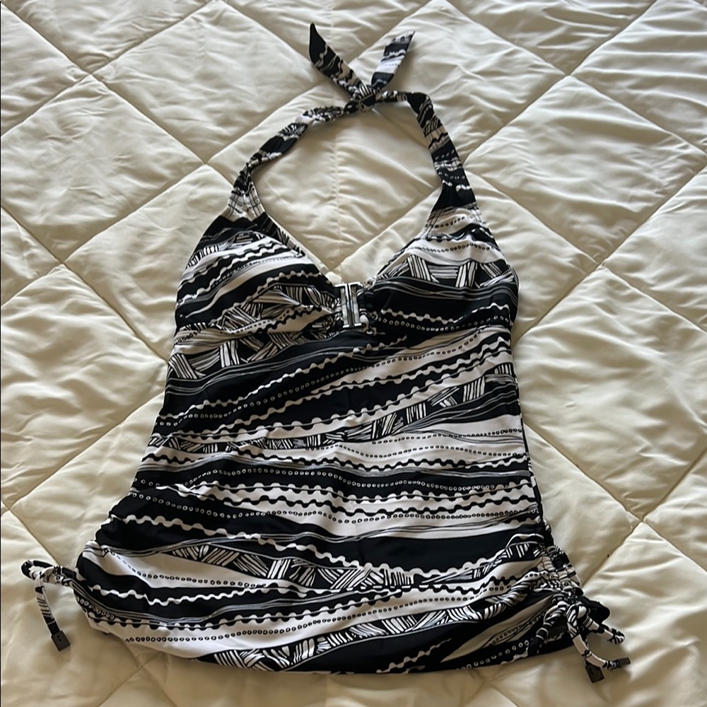 Black and White One Piece Tankini Top with Halter Neck and Tribal Print